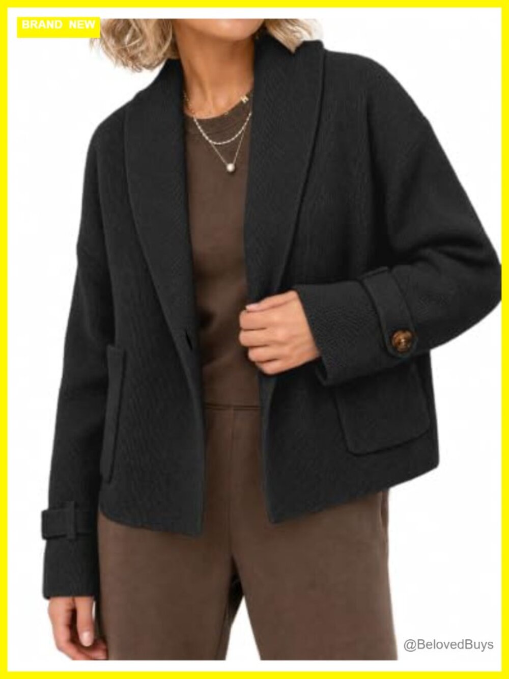 Open Front Chunky Knit Cardigan Sweater Jacket Shawl Collar Short